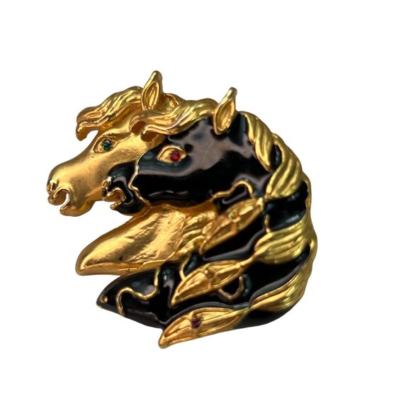Vintage Gold Tone & Black Enamel Horse Head Brooch Pin Rhinestone Eyes Mane - Picture 1 of 10